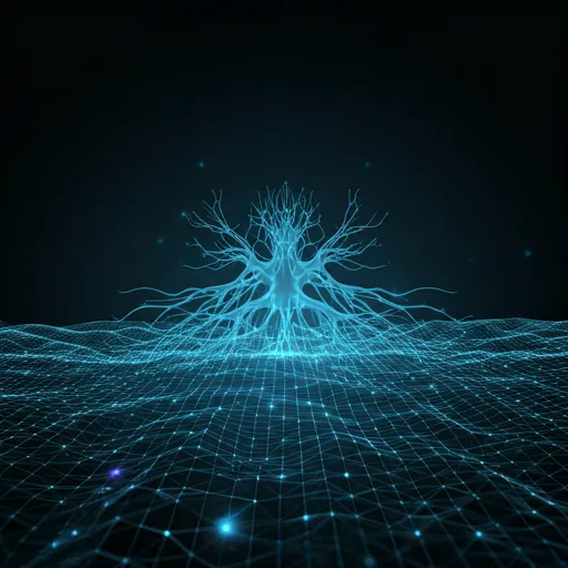 Futuristic glowing blue neural network grid: AI application design and data pathways
